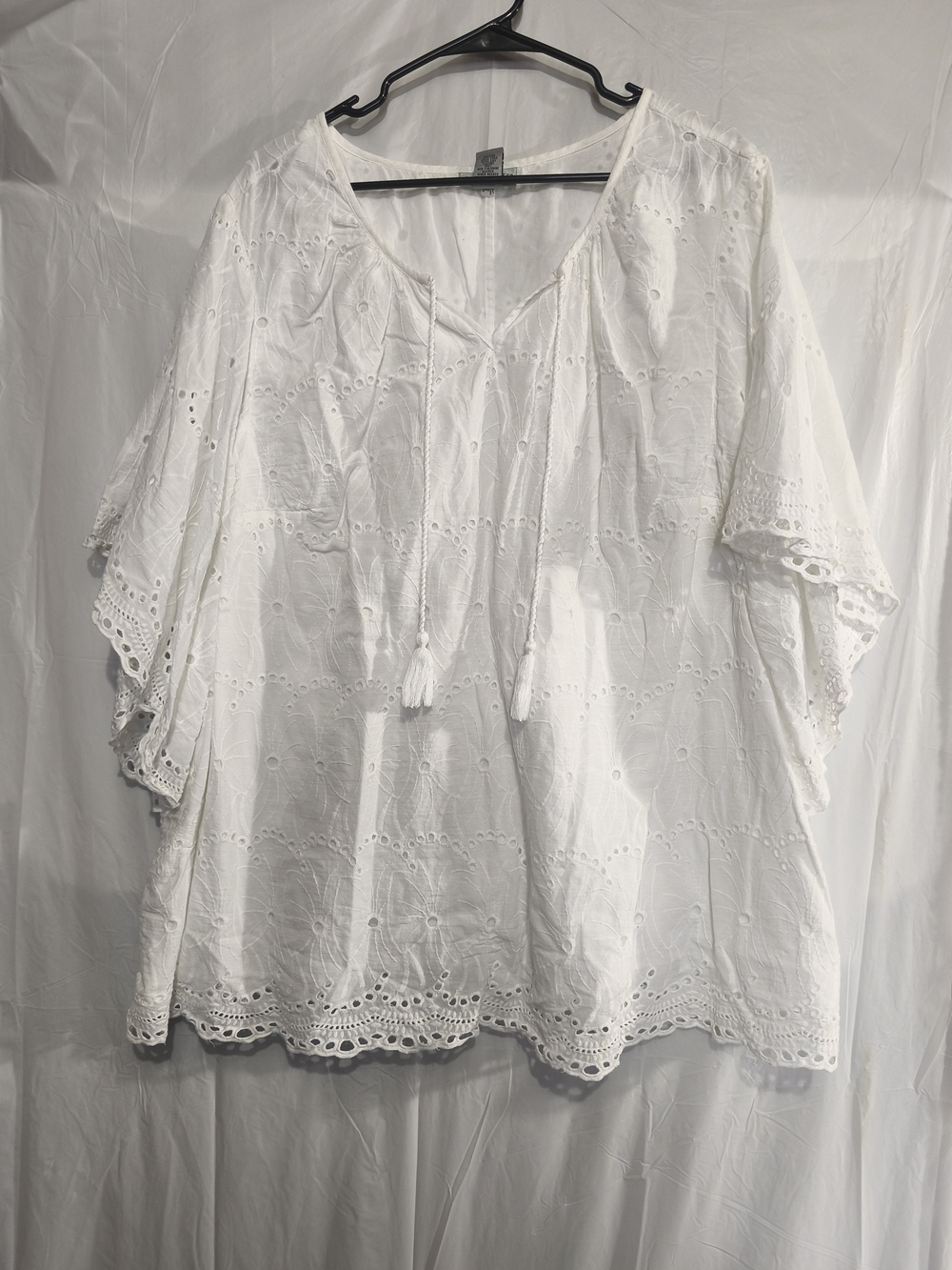 Catherines White Eyelet Peasant Blouse with Tassel Tie